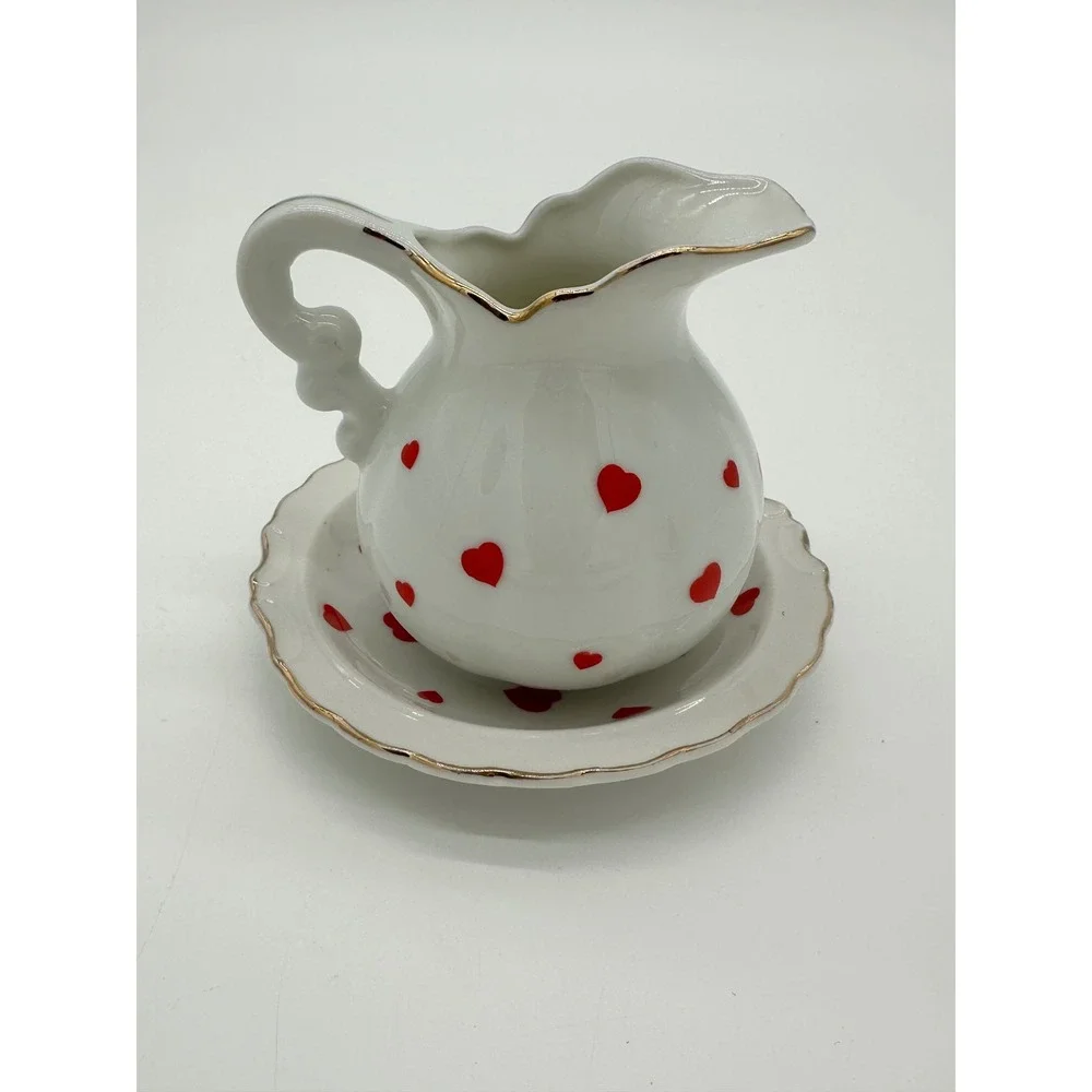 Lefton Pitcher‎ and Saucer Set Vintage Hearts Bow Hand Painted White Red Small